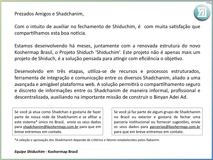 Em breve a nova platafora de Shiduchim - Integrando todos os Shadchanim em Koshermap Brasil