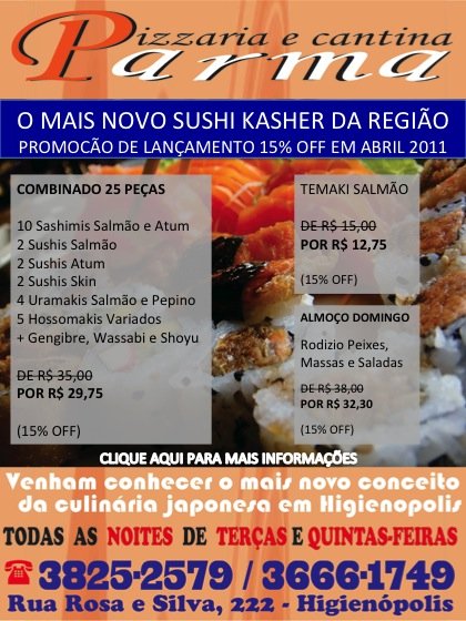 PROMOCAO SUSHI PARMA 15% OFF ABRIL 2011