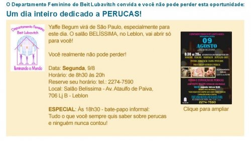 Bate-papo informal, venda e exposição de Perucas para mulheres com Yaffie Begun - Realização Departamento Feminino Beit Lubavitch