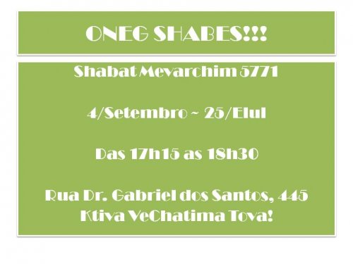 Oneg Shabat para Criancas, Shabat Mevarchim Tishrei em Higienopolis