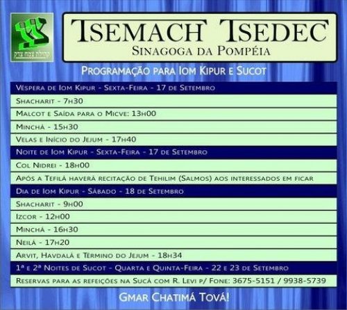 Horarios de Yom Kipur da Sinagoga da Pompeia Tsemach Tsedec