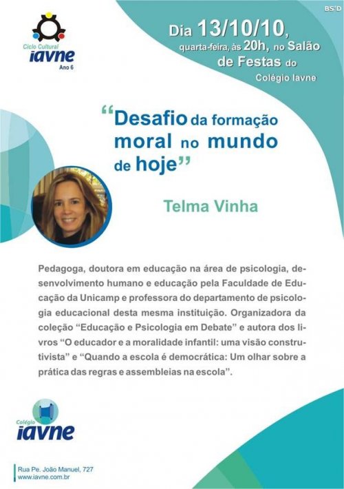 Ciclo Cultural Iavne: Palestra : Desafio da formação moral no mundo de hoje