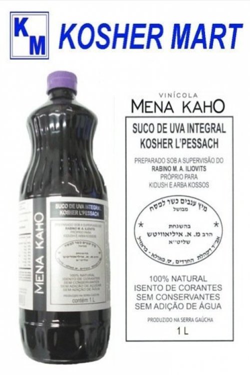 Suco de uva Mena Kaho da Kosher Mart rende 25% a mais L'chumra é Kasher L'Pessach sob supervisão do Rabino Meir Avraham Iliovits Shlita