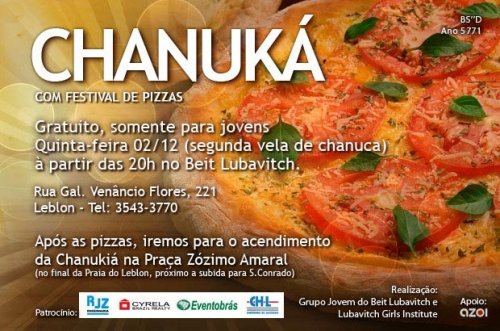 Chanuká com festival de Pizzas exclusivo para Jovens com acendimento da segunda vela de Chanuká na praia