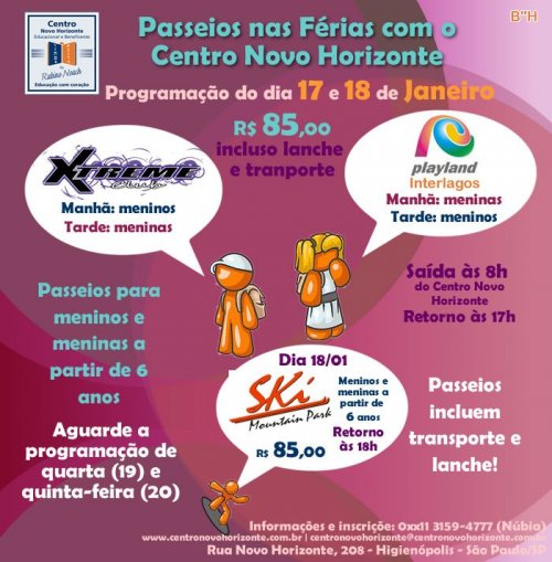 Super Passeio nas Férias para crianças a partir de 6 anos no dia 17 e 18 de Janeiro de 2011