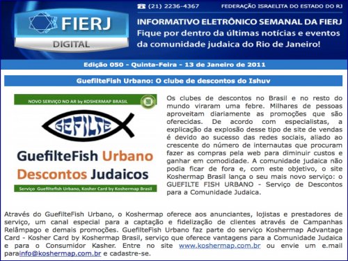 Portal Koshermap Brasil & Descontos Judaicos GuefilteFish Urbano são destaque na FIERJ Digital - Informativo Eletrônico Semanal da Federação Israelita do Estado do Rio de Janeiro