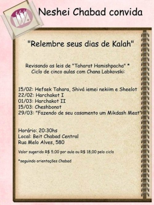 Curso Neshei Chabad para Mulheres: "Revisando as Leis de Taharat Hamishpacha" com Chana Labkovski