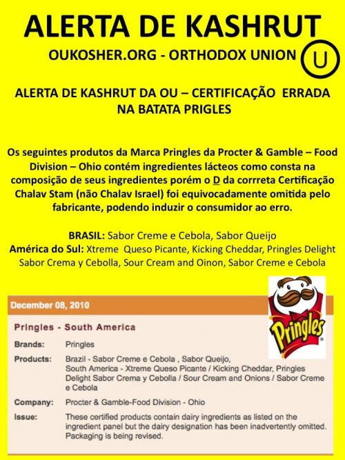 Alerta de Kashrut da OU - Certificação Errada na Batata Pringles