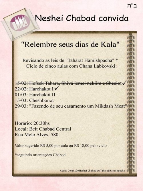 Curso Neshei Chabad para Mulheres: "Revisando as Leis de Taharat Hamishpacha" com Chana Labkovski