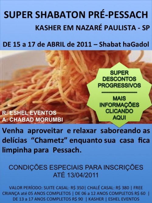 INSCRIÇÕES ABERTAS: Super Shabaton Pré-Pessach Kasher em Nazaré Paulista (Atibaia) - SP | VAGAS LIMITADAS