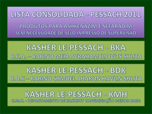 LISTA COMPLETA: PRODUTOS APROVADOS KASHER LE'PESSACH 2011 - SEFARADIM E ASHKENAZIM | BKA, BDK e KMH no BRASIL