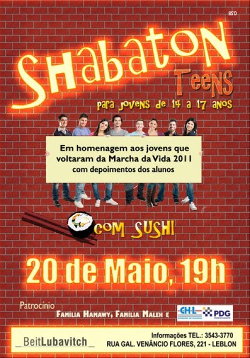 Shabaton Teens para jovens de 14 a 17 anos no Beit Lubavitch Leblon, com Sushi