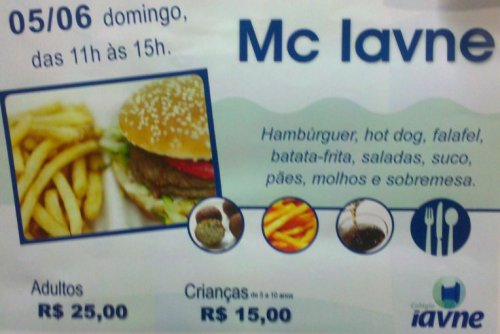 Mc Iavne Kasher Pré Shavuot 2011 - Hambúrguer, hot-dog, falafel, batata-frita, saladas, suco, pães, molhos e sobremesa