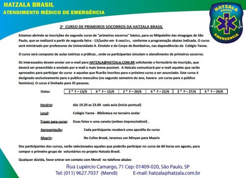 Participe do 2º Curso de Primeiros Socorros da Hatzalá Brasil - Grátis para os Mitpalelim das Sinagogas de São Paulo