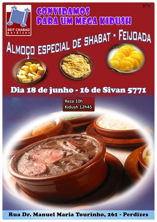 Almoço Feijoada Especial de Shabat no Mega Kidush da Sinagoga de Perdizes