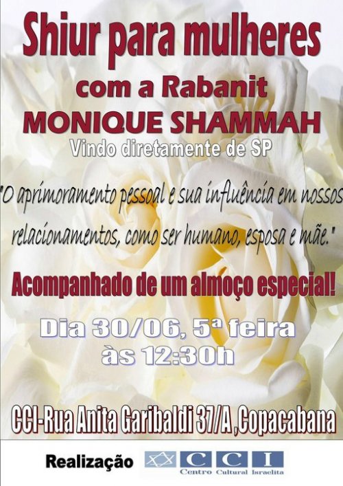 Shiur para Mulheres com Rabanit Monique Shammah no CCI Rio de Janeiro + Almoço Kasher Especial