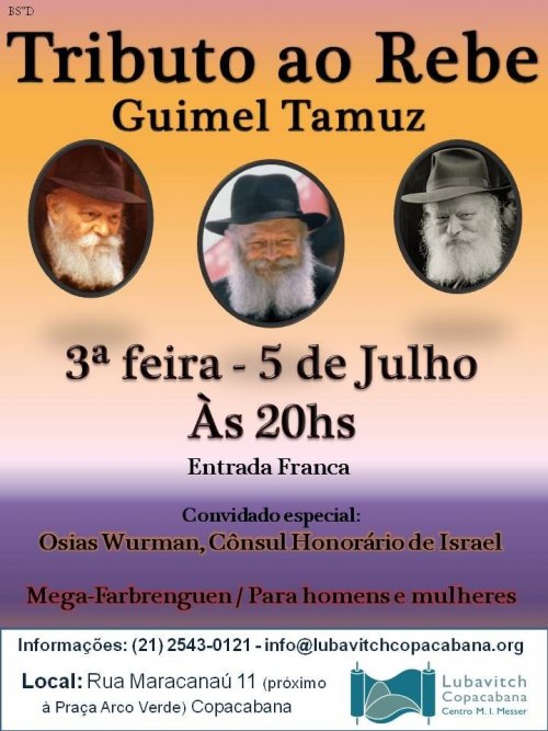 Tributo de Guimel Tamuz ao Rebe em Copacabana com Mega Farbrenguen para Homens e Mulheres