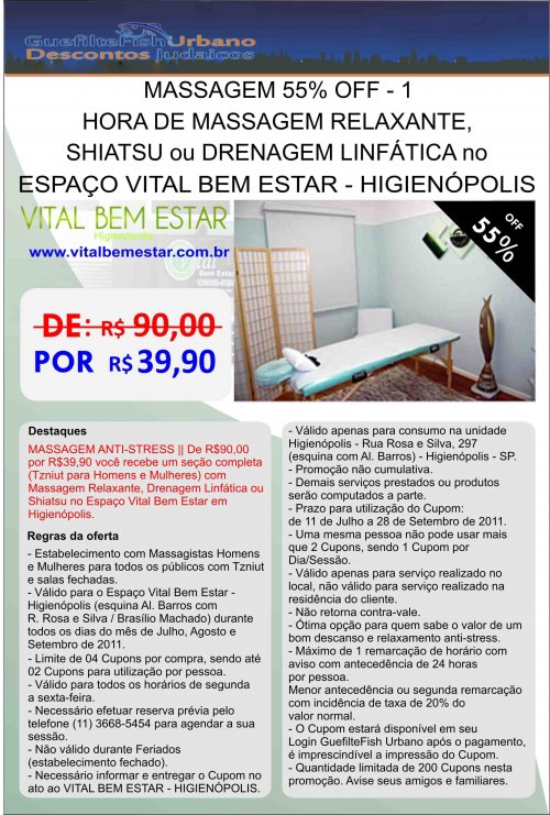 GUEFILTEFISH URBANO: Massagem 55% OFF - 1 Hora de Massagem Relaxante, Shiatsu ou Drenagem Linfática no Espaço Vital Be Estar - Higienópolis