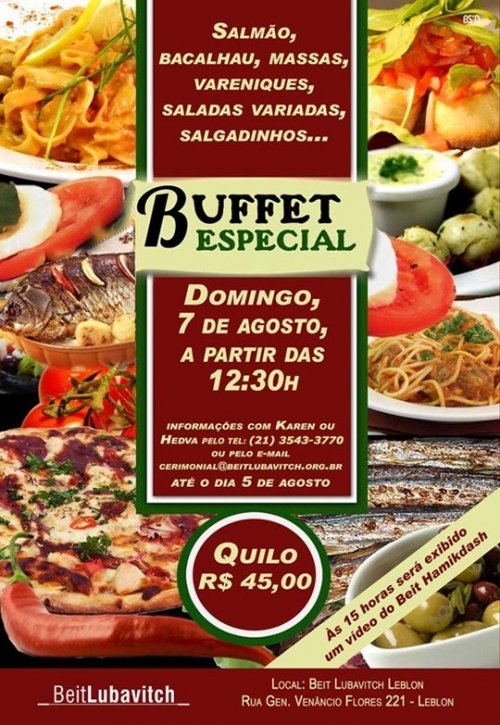 Buffet Especial Kasher a base de Peixes, Massas e Saladas com apresentação de Vídeo do Beit Hamikdash no Rio de Janeiro