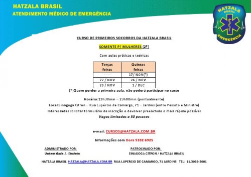 Hatzalá Brasil: Segundo Curso de Primeiros-Socorros para Mulheres em Novembro