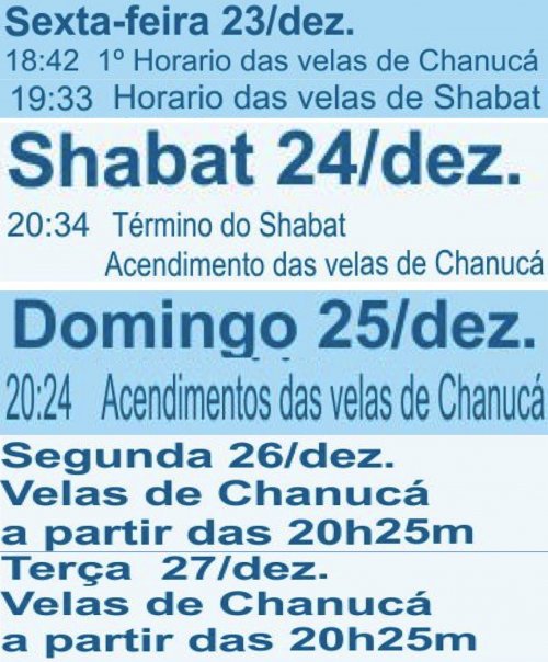 ATUALIZADO - CHANUKÁ 2011 (5772) - Horário Início Acendimento das Velas de Chanucá para São Paulo