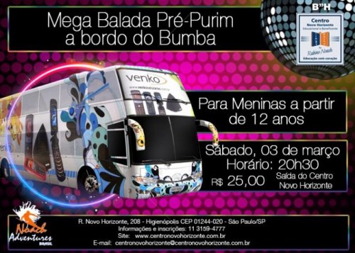 Mega "Balada" Pré-Purim a bordo do Onibus Bumba para Meninas a partir de 12 Anos