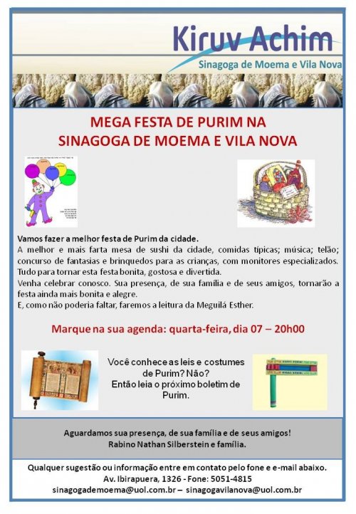 Mega Festa de Purim com SUSHI na Sinagoga de Moema e Vila Nova