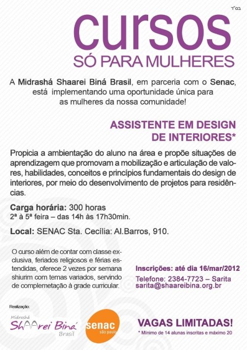 CURSOS SÓ PARA MULHERES - Midrashá Shaarei Biná Brasil + SENAC