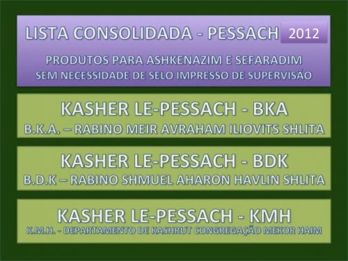 LISTA COMPLETA 5772: PRODUTOS APROVADOS KASHER LE'PESSACH 2012 - SEFARADIM E ASHKENAZIM | BKA, BDK e KMH no BRASIL