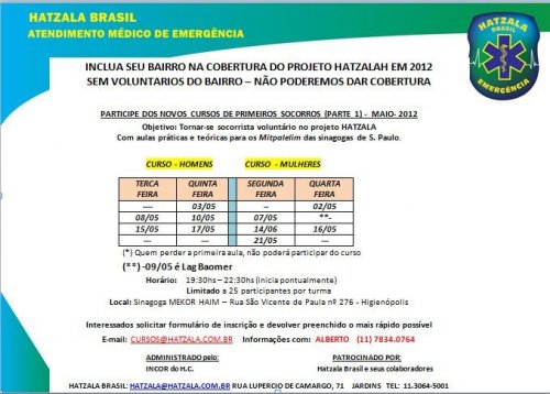 Hatzalá Brasil - Novo Curso de Primeiros-Socorros para a Comunidade Judaica em Maio de 2012