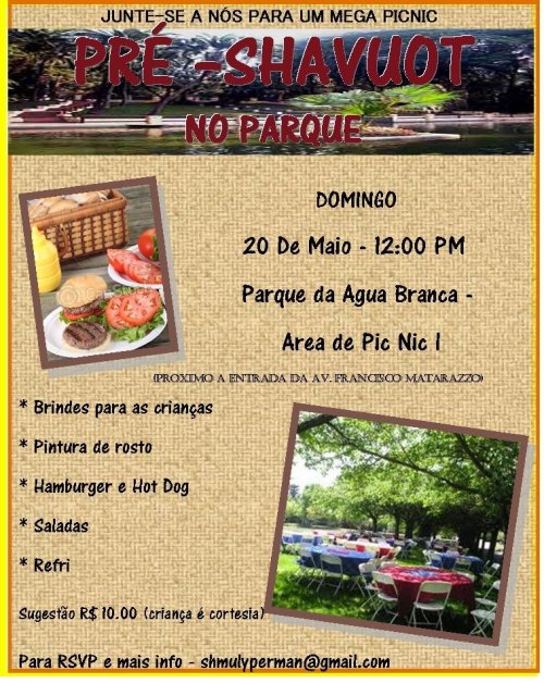 Pré Shavuot: PIC NIC Kasher no Parque da Água Branca com Atividades para Crianças, Hamburguer, Hot Dog e Mais