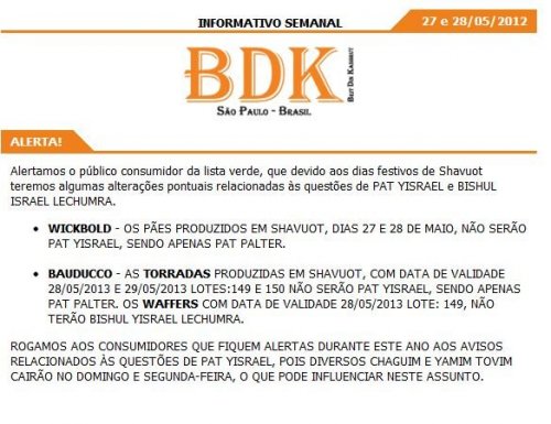 BDK: Alerta Kashrut Lista Verde