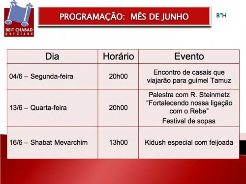 Beit Chabad Perdizes: Programação Mensal de Junho 2012