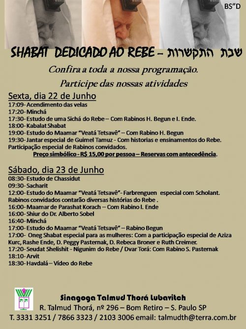 Guimel Tamuz: Jantar Especial com Histórias e Ensinamentos do Rebe, no Talmud Thora Lubavitch