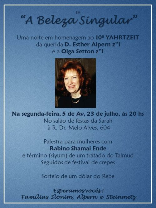 Neshei Chabad: "A Beleza Singular" - Décimo Yahrtzeit da D. Esther Alpern Z"L