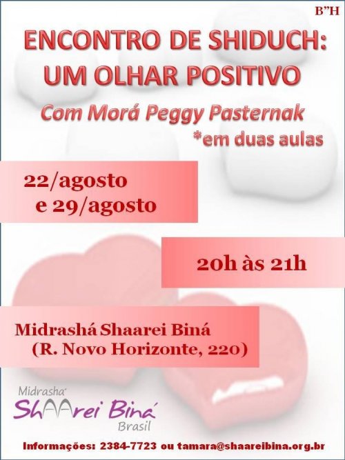 Midrashá Shaarei Biná: "Encontro de Shiduch: Um Olhar Positivo", com Morá Peggy Pasternak