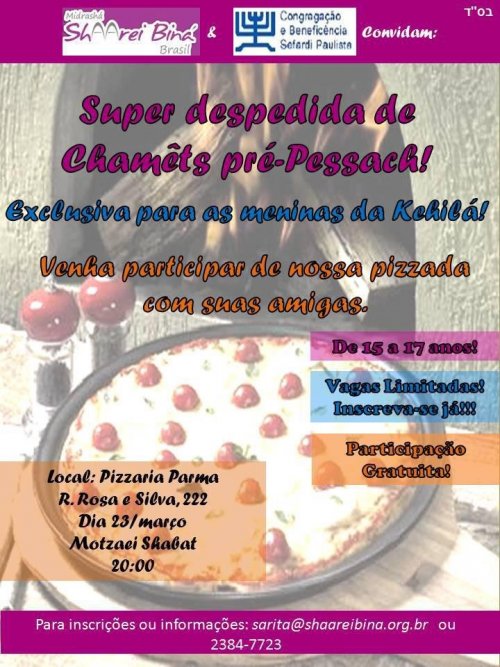 Pizzada Pré-Pessach para Meninas de 15 a 17 anos, no Parma