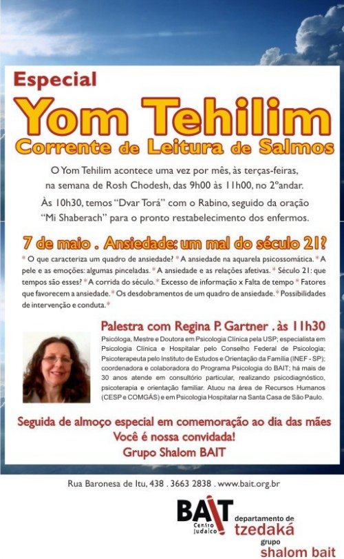 BAIT: Yom Tehilim - Palestra "Ansiedade, Um Mal do Século XXI?",com Almoço Especial Dia das Mães