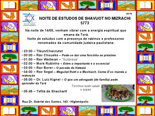 Kehilat Mizrachi: Noite de Estudos de Shavuot, com Sushi Salad e Sopas