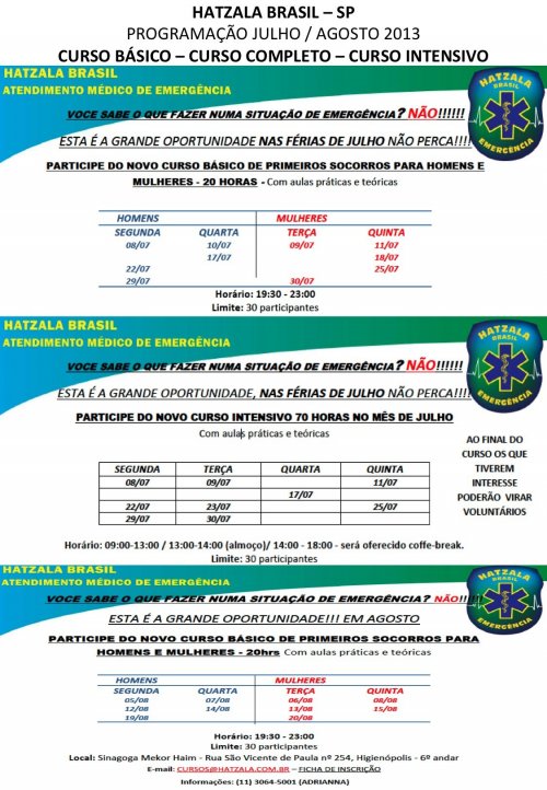 Hatzala Brasil SP - Programação de Cursos Julho e Agosto