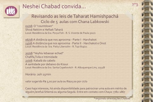 Neshei Chabad - Ciclo de Taharat Hamishapachá com Chana Labkowski 