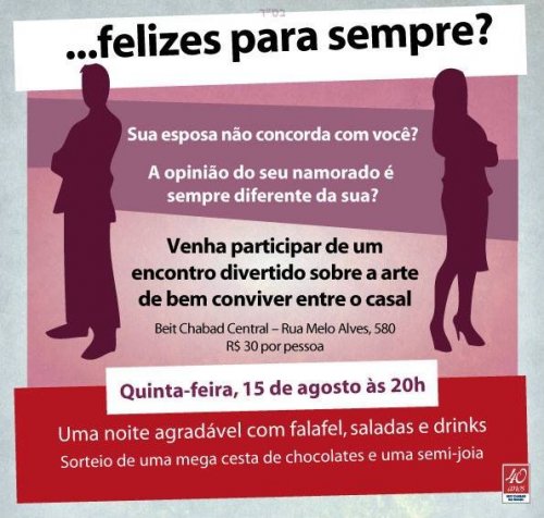 Beit Chabad Central: Encontro sobre a Arte de Bem Conviver entre o Casal, com Sorteio de Cesta de Chocolates e Semi-jóia