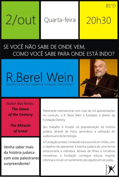 Espaço K: Imperdível Palestra com o Rabino Berel Wein para Jovens de 18 a 35 anos