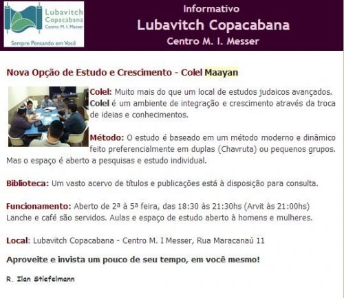 Novidade: Colel Maayan, no Beit Lubavitch Copacabana