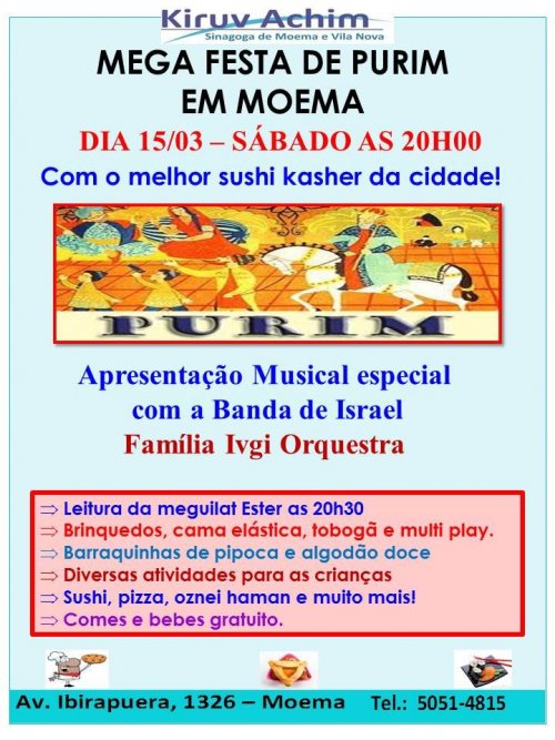 Mega Festa de Purim com Sushi na Sinagoga de Moema e Vila Nova (Kiruv Achim)