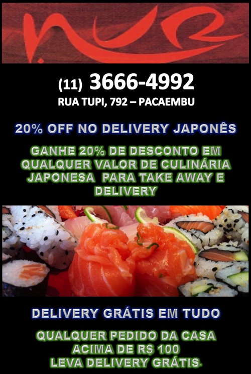 NUR RESTAURANTE: Delivery Grátis e Japonês com 20% OFF