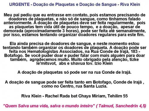 URGENTE: Doação de Sangue e Plaquetas para Riva Klein (RJ)