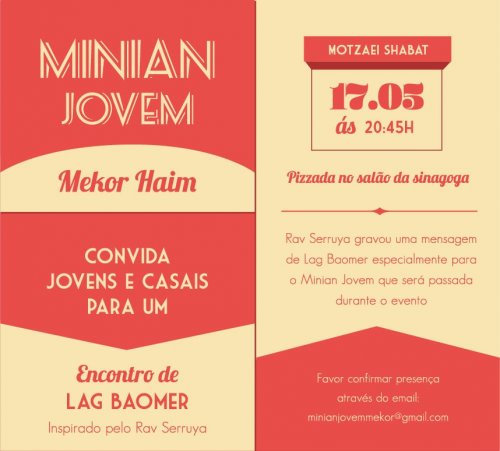 Minian Jovem Mekor Haim Convida para Encontro de Lag Baomer com Pizzada para Jovens e Casais