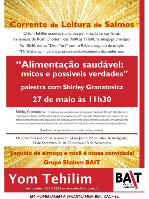 BAIT: Yom Tehilim com Palestra sobre Alimentação Saudável com Shirley Granatowicz