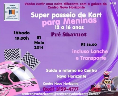 Super Passeio de Kart Pré-Shavuot para Meninas de 12 a 16 anos, com o Centro Novo Horizonte